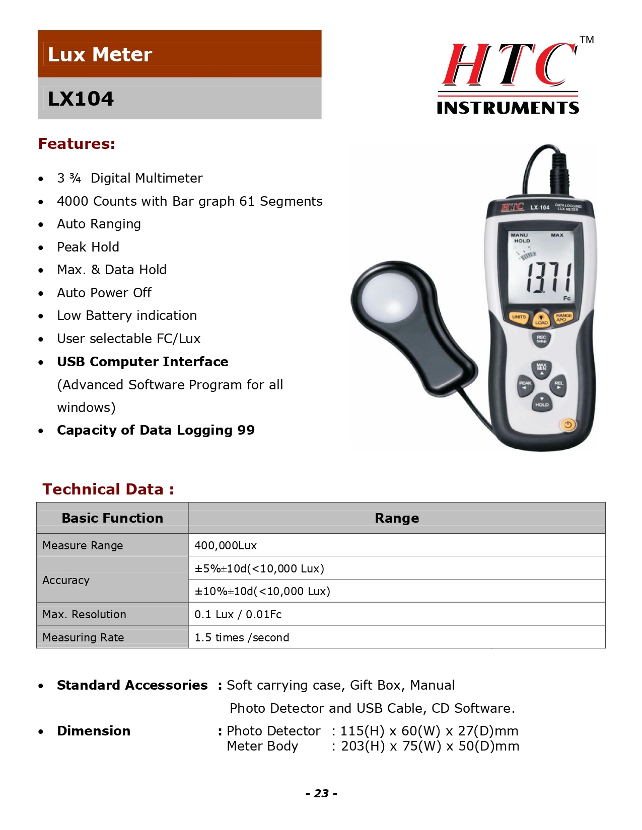 HTC LX-104 400,000 Digital Lux Meter (Data Logging)