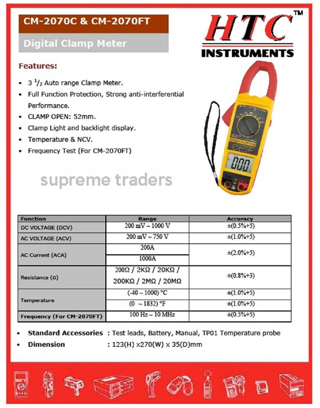 HTC CM-2070C 1000A AC Clamp Meter with Temp.