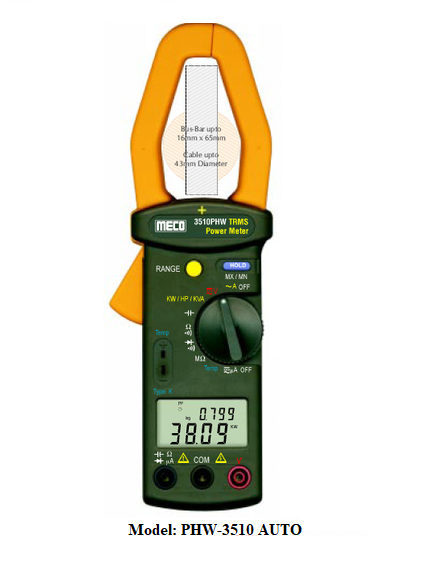 MECO 3510 PHW AUTO Clamp-On TRMS Power Meter (1000A, 600kW) Autoranging with Dual Display