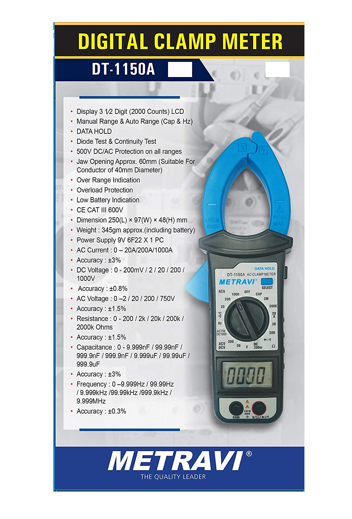 Metravi DT-1150A Digital AC Clamp Meter 1000A, feature-rich with full function overload protection circuit
