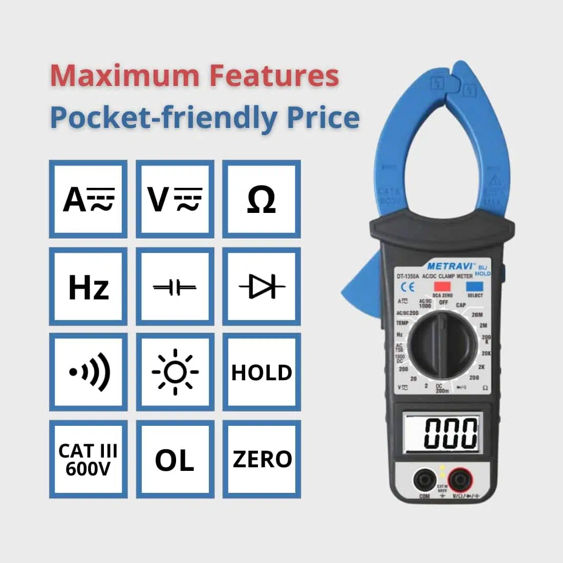 Metravi DT-1350 Digital AC/DC Clamp Meter upto 1000A with full function overload protection circuit