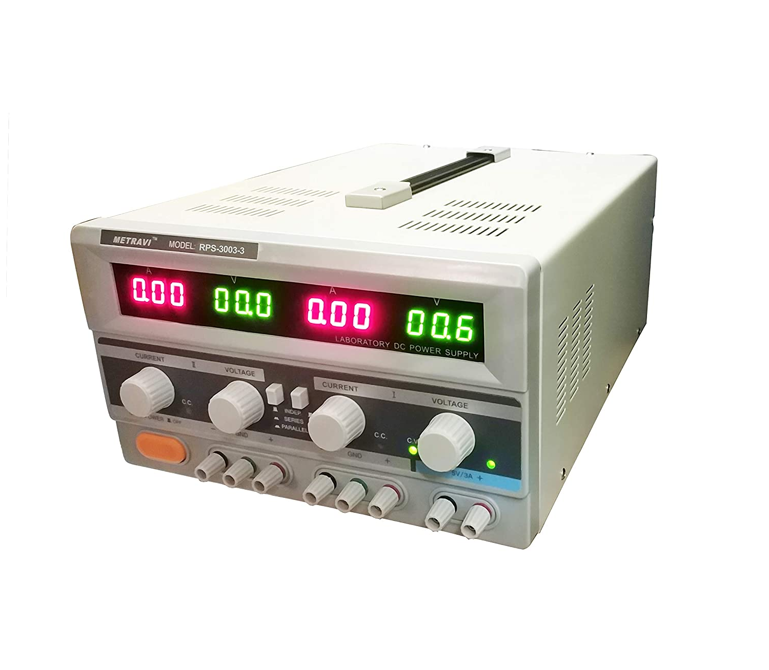 Metravi RPS-3003-3 DC Regulated Power Supply - Triple Output with Backlit LCD Display, Dual 0-30V / 0-3A DC and Fixed 5V/3A