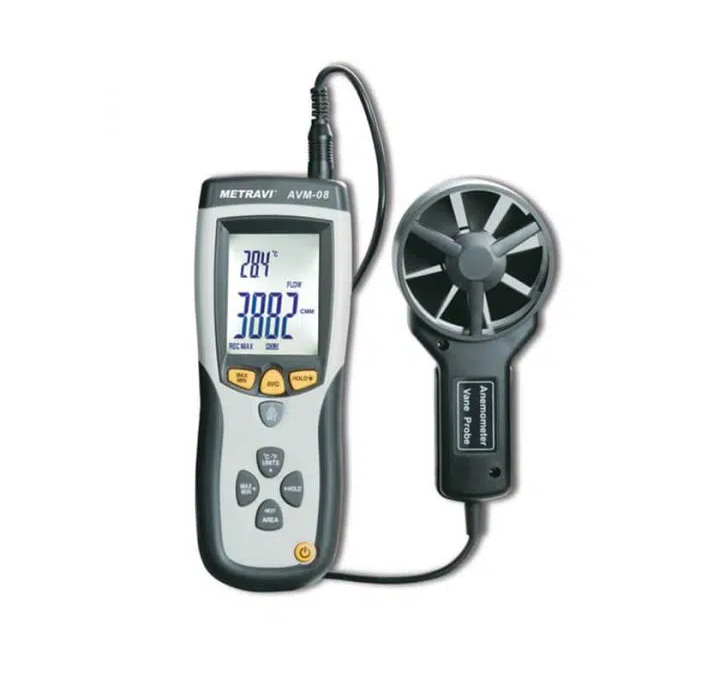 Metravi AVM-08 Digital Thermo-Anemometer with CFM/CMM and built-in Infrared Thermometer.