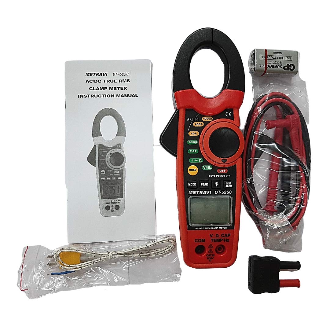 Metravi DT-5250 Digital AC/DC Clamp Meter, 30mm Jaw Size, TRMS AC/DC Voltage & Current up to 1000A