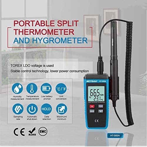 Metravi HT-305A Digital Temperature and Humidity Meter with extendable spring cable