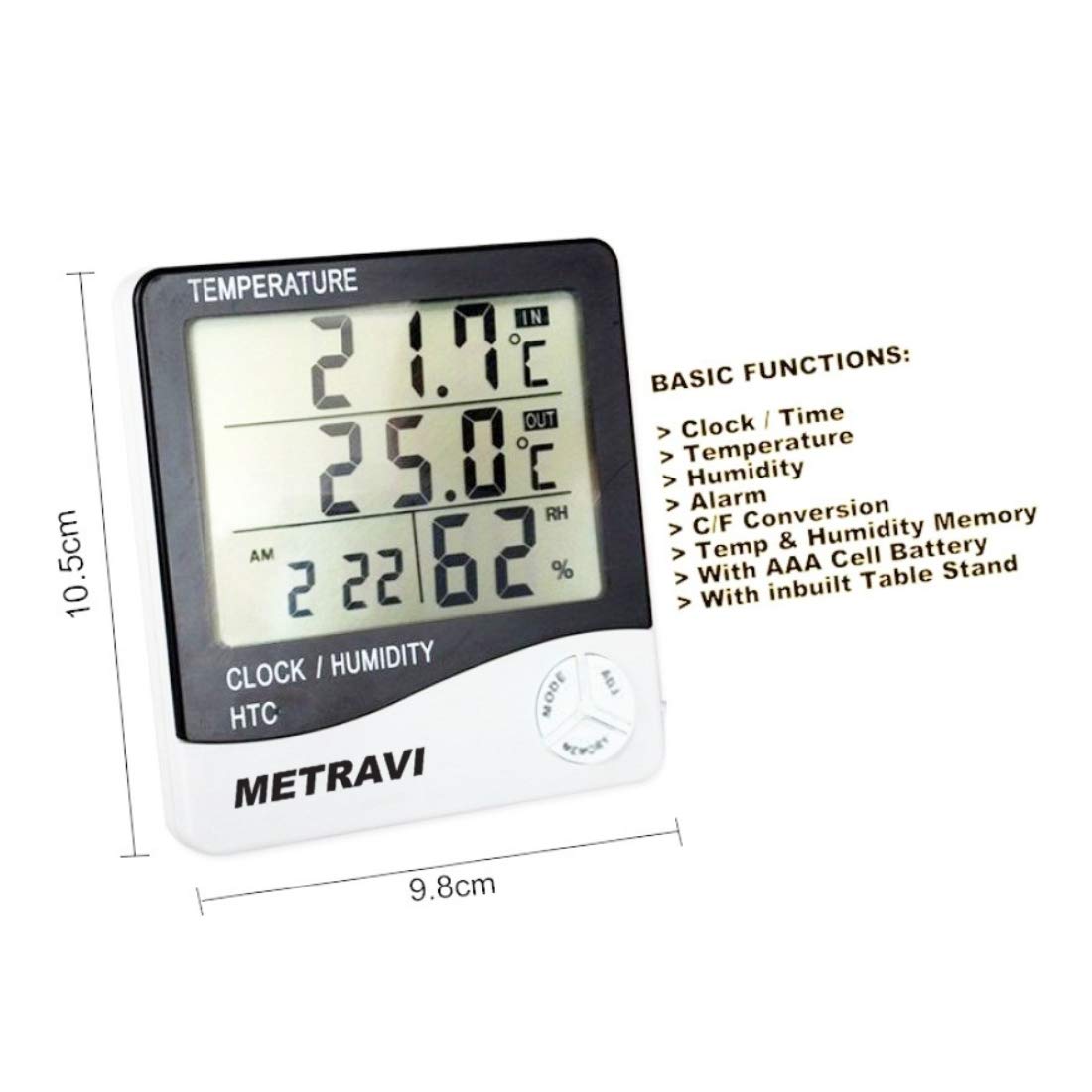 Metravi HTC-01 Compact Digital Temperature and Humidity Meter/Thermo-hygro Meter with Clock & Alarm