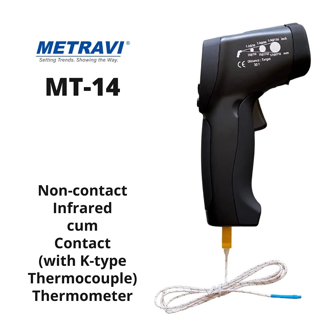 Metravi MT-14 Digital Non-contact Infrared Industrial Pyrometer -50 to 1300Â°C with Laser Pointer K-type thermocouple sensor
