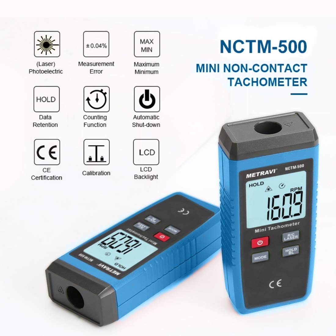 Metravi NCTM-500 Non-contact Digital Mini Tachometer, RPM Testing Meter